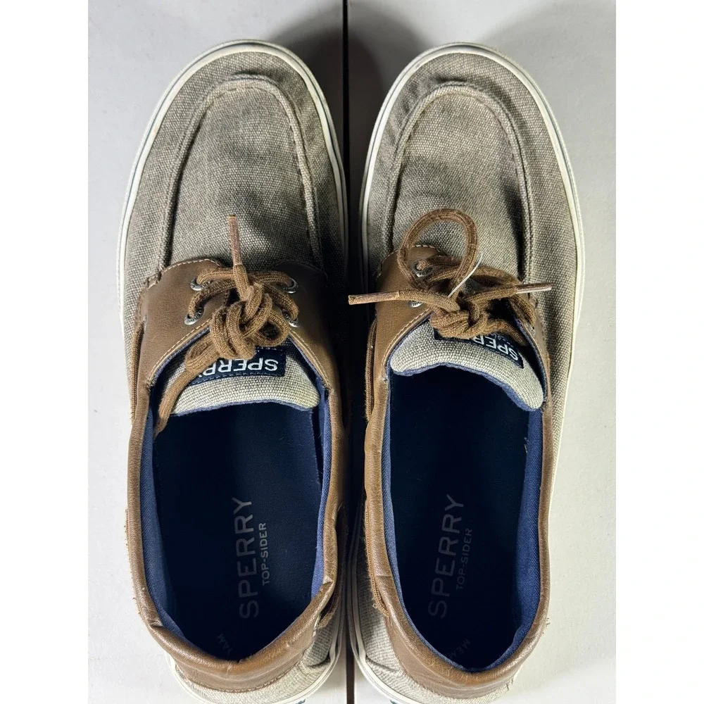Sperry Top-Sider Bahama II Mens 12 Boat Shoes Khaki Canvas Leather STS21489